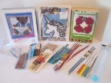 Three New Old Stock Hook-a-Pillow Kits, Knitting Needles and Crocheting Hooks