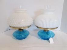 Two Blue Oil Glass Font Oil Lamps with White Milk Glass Shades