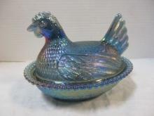 Blue Carnival Glass Hen on Nest