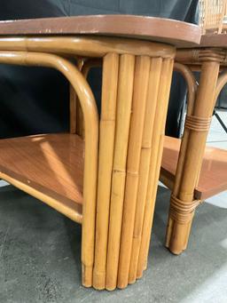 Pair of Mid Century Rattan 2-Tiered End Tables in Triangular Shape - See pics