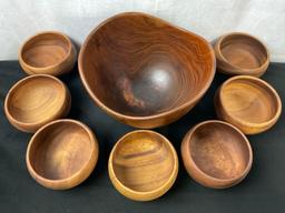Large Centerpiece Bowl & 7 Crate & Barrel Bowls, Smoothly Sanded Natural Wood