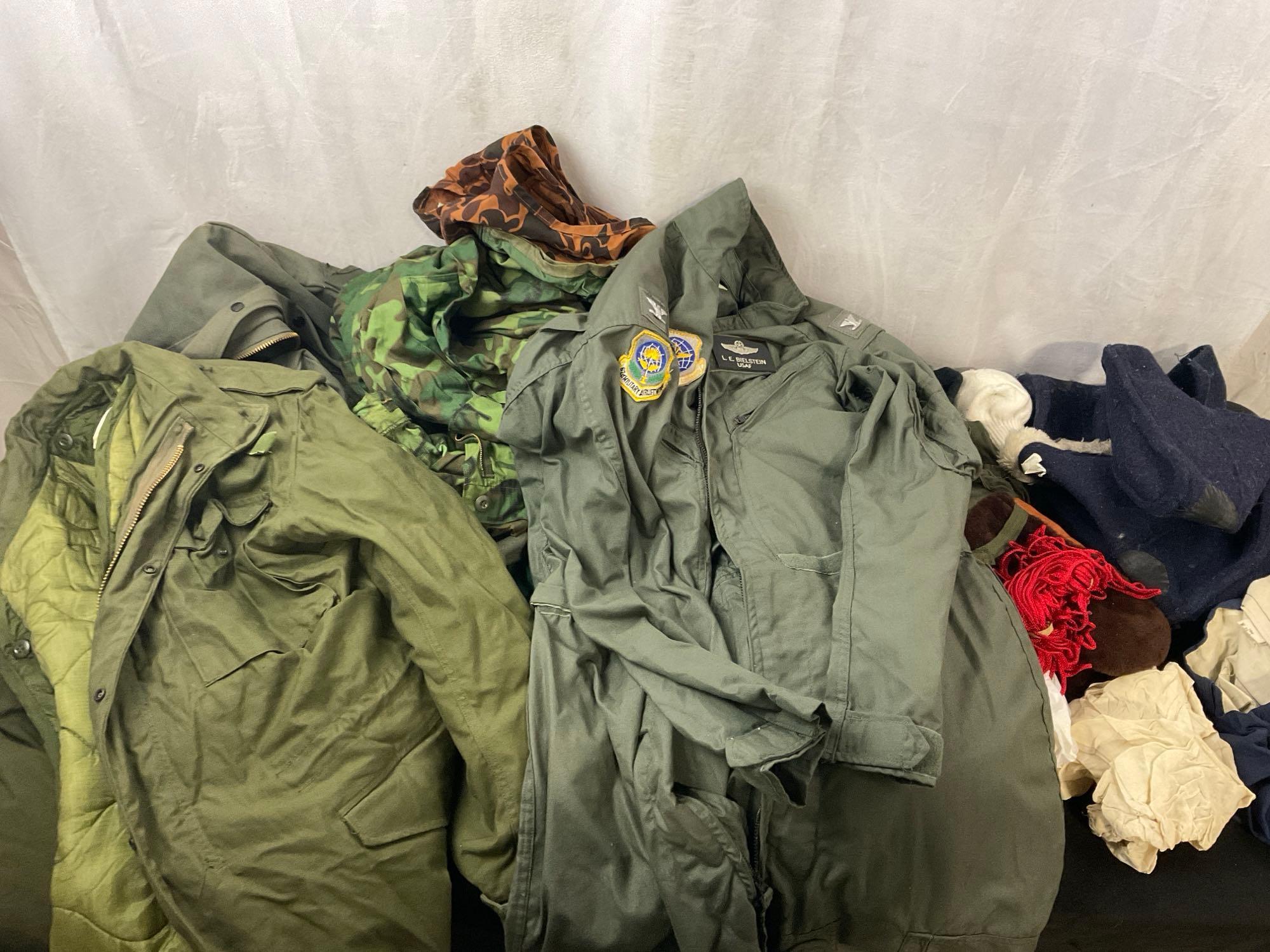 Large Assortment of Flyers Jackets, Jumpsuit, Mans Coat w/ Liner, Pouch, and more