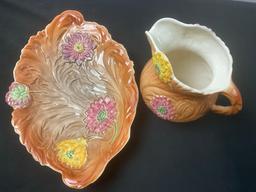 Pair of Matching Majolica Staffordshire Porcelain Pieces, Platter & Pitcher