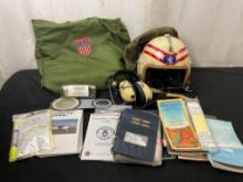 USAF type P-4A Flying Helmet, Olive Drab Bag, Assorted Civil Air Patrol Papers and maps