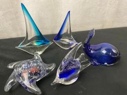 Nautical Art Glass Pece,s 2x sailboats, 1x Cobalt Whale, Starfish Paperweight, Angelfish