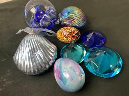 8 Collectibles, Art Glass Paperweight, Pair of Seashell ornaments, Ukrainian painted Egg, Glass G...