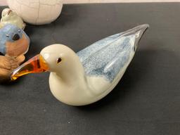 Collection of 9 Bird Figures, marble like pattern, painted carved wood, celadon, Art Glass Seagull
