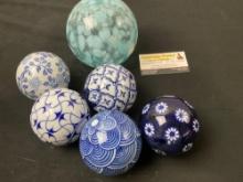 Blown Glass Float & 5 Chinoiserie Carpet Balls w/Blue & White Patterns