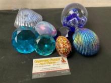 8 Collectibles, Art Glass Paperweight, Pair of Seashell ornaments, Ukrainian painted Egg, Glass G...