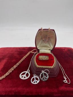 Cute sterling silver peace necklace and earring set with sterling etched ring and sterling chain