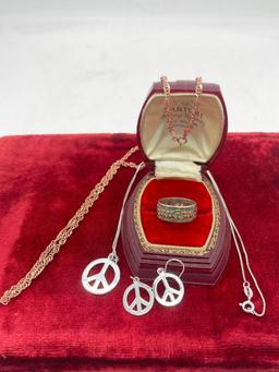 Cute sterling silver peace necklace and earring set with sterling etched ring and sterling chain