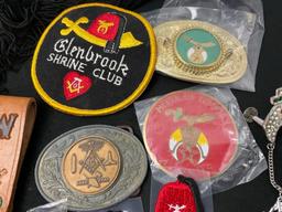 Collection of Shriners Belt Buckles, Patches, Tassel, and Pins