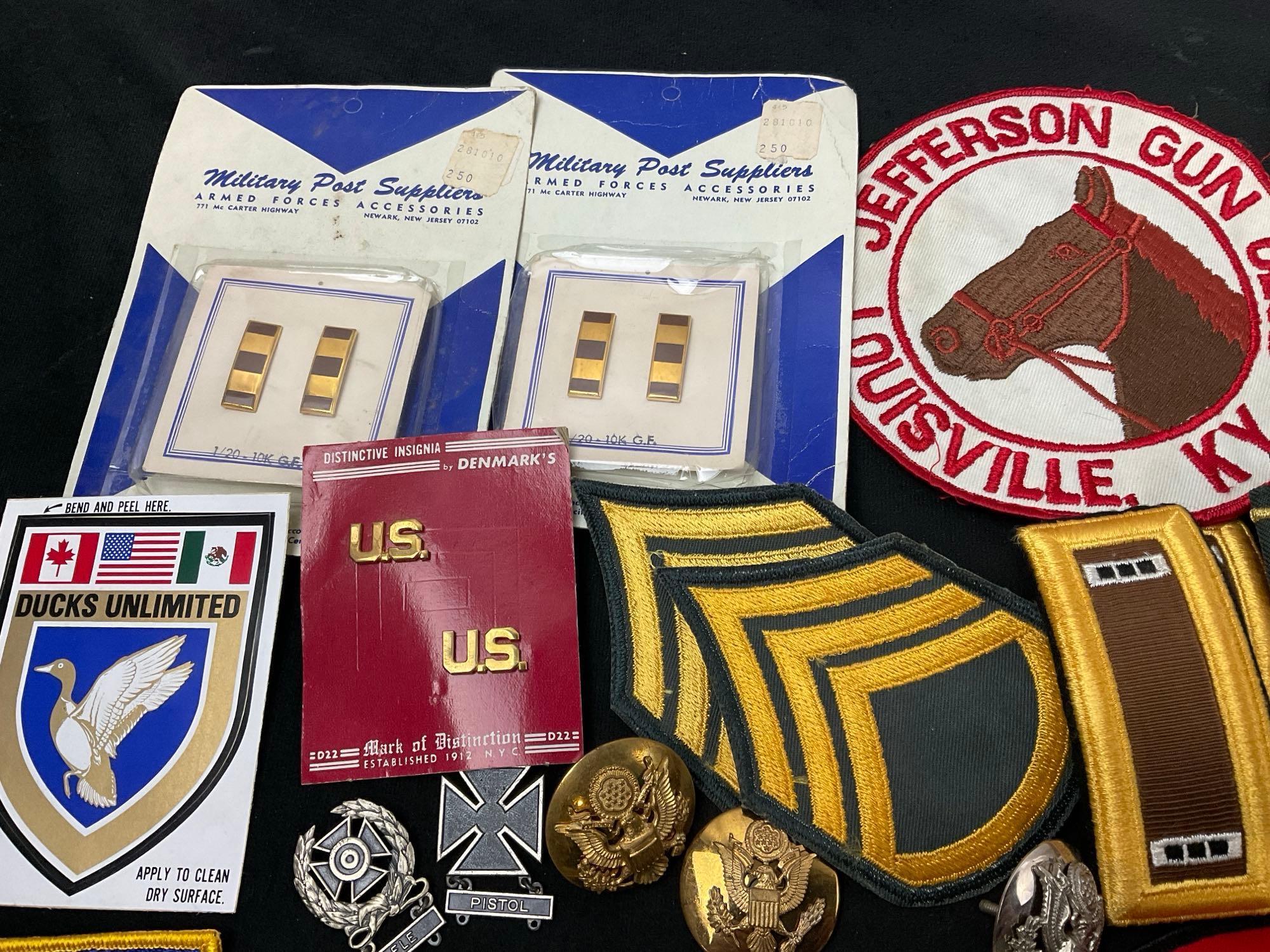 Large Assortment of Ammo, Army, & Hunting Patches, Insignia, Pair of Sterling Silver Medals