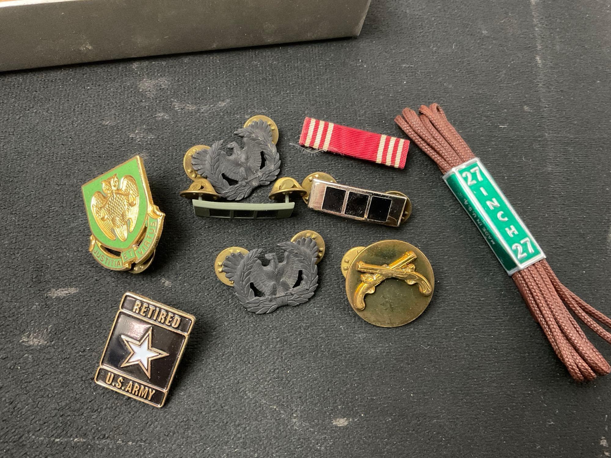 Large Assortment of Ammo, Army, & Hunting Patches, Insignia, Pair of Sterling Silver Medals