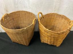 Pair of Asian Woven Bamboo Wicker Baskets w/ Handles