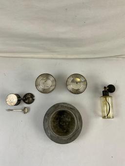 4 pcs Vintage Small Decorative Assortment. Pair of Crown Weighted Sterling Candlestick Holders. See