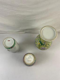 3 pcs Vintage Asian Ceramic Urn Assortment. 2 Chinese, 1 Japanese Vases w/ Floral Designs. See pi...