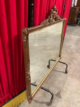 Antique Hanging Wall Mirror in Ornately Carved Wooden Frame w/ Oil Lamp Motif. See pics.