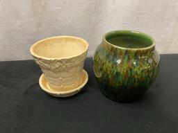 Pair of Pottery Small Planters, Vintage McCoy White handcarved and green & Brown Speckle