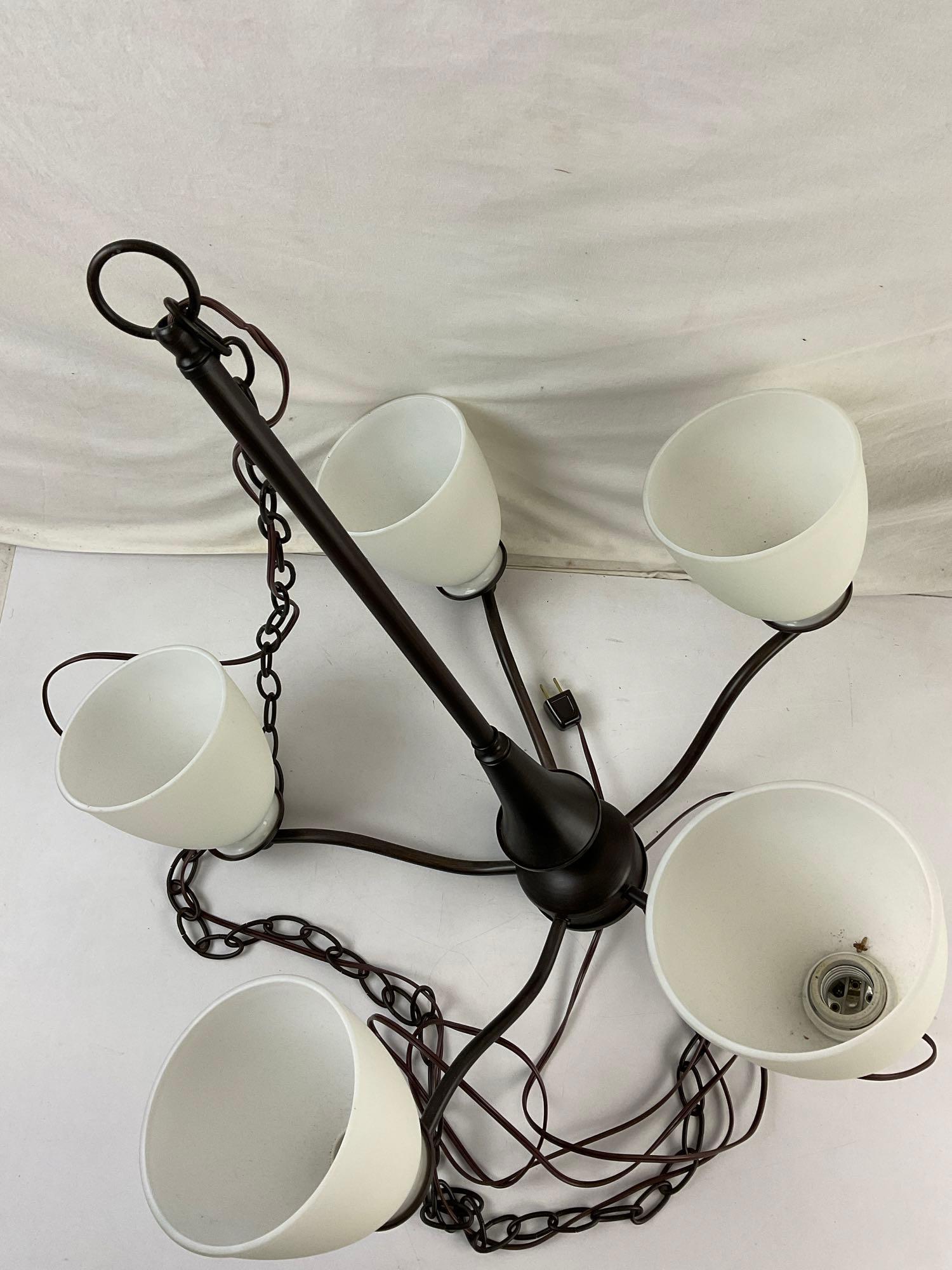 Vintage Dark Brown Metal Hanging Ceiling Lamp w/ 5 Lights & Frosted Glass Shades. See pics.