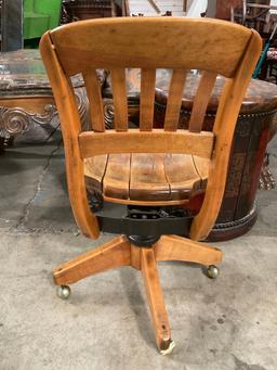 Vintage Shepherd Industrial Wooden Wheeled Rolling Office Chair. Measures 17" x 31" See pics.
