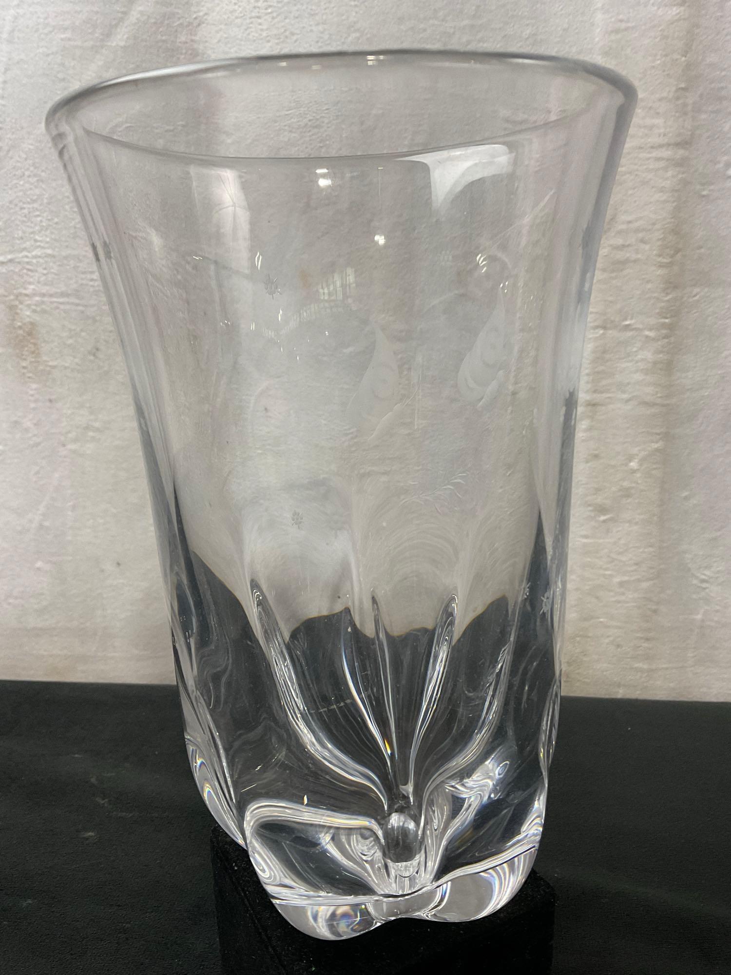 Vintae Signed Orrefors Crystal Glass Vase w/ Etched Butterflies
