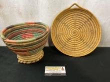 West African Woven Pedestal Bowl Earthtones & Alaska Woven Spiral Dish