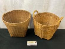 Pair of Asian Woven Bamboo Wicker Baskets w/ Handles