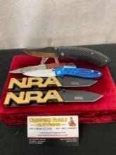 5 Knives from the National Rifle Association, 2x Brass Acronym grip, 1x aluminum, 1x rubber, 1x w...