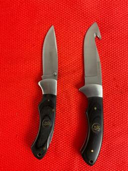 2 pcs Browning Steel Hunting Knives, Skinner & Folding Knife w/ Sheath. Model 322039. See pics.
