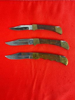 3 pcs Vintage Stainless Steel Folding Blade Pocket Knives w/ Wood Handles. Made in Pakistan. See