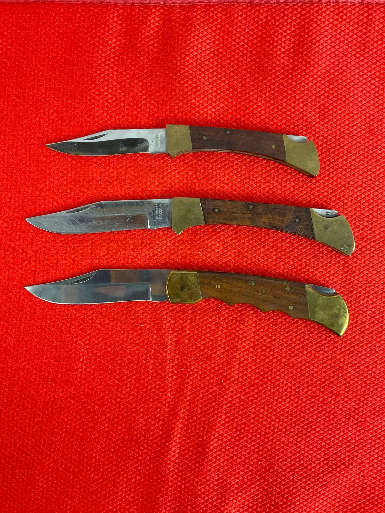 3 pcs Vintage Stainless Steel Folding Blade Pocket Knives w/ Wood Handles. Made in Pakistan. See