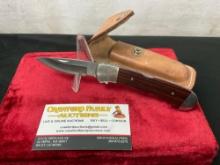 Vintage Buck 532+ Folding Pocket Knife, w/ leather sheath, 2.5 inch blade, Wooden handle