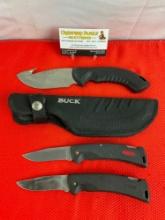 3 pcs Buck Steel Knife Assortment. 2x 450 Folding Pocket Knives, 1x 393 Skinner w/ Sheath. See pi...