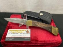 Vintage Buck 110 Folding Hunting Knife, Brass and Wood, w/ Case