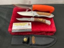 3 Rite Edge Modern Knives, 2x Folding Pocket Knives & Fixed Blade w/ Orange Rubber Handle & Sheath