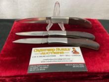 Trio of Kershaw Folding Pocket Knives, Wild Turkey model, Stainless Steel and Wooden Handles