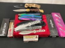Assortment of Knives, 6x Throwing Knives, Wartech USA & Red Man Tobacco branded Buck Clone Knife