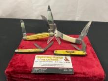4x Folding Multi Blade Pocket Knives, Queen Stockman, Camillus Double Blade, unmarked single blade