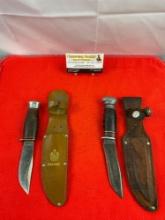 2 pcs Vintage Steel Fixed Blade Boy Scout Knives w/ Sheathes. Remington RH-30. J. Nowill & Sons. ...