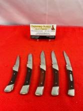 5 pcs Vintage 80s-90s Buck Steel Folding Blade Pocket Knives. 3x 503, 1x 505, 1x 704. See pics.