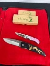 2x Elk Ridge Folding Blade Pocket Knives - All Metal pink handle - Wood Inlay Deer Motif