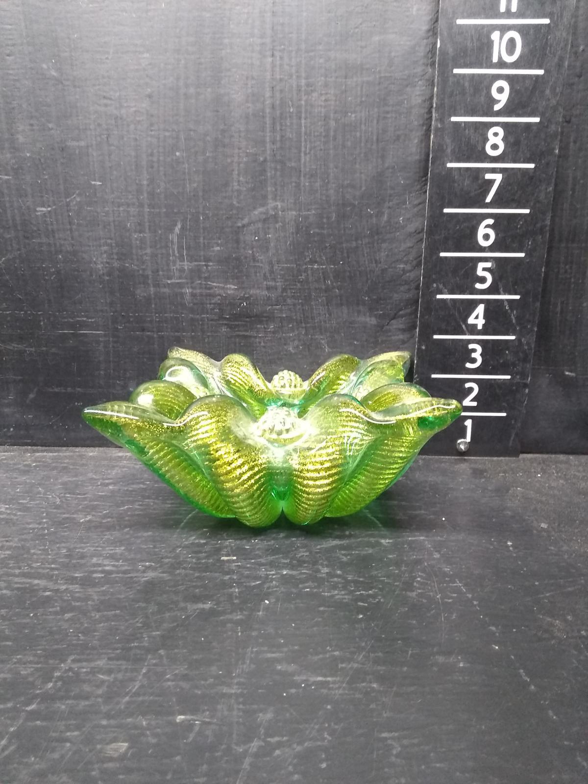 Studio Art Glass Green and Gold Infused Bowl