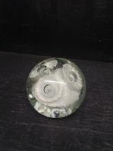 Studio Art Glass Paperweight with White Flower