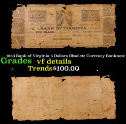 1853 Bank of Virginia 5 Dollars Obsolete Currency Banknote Grades vf details