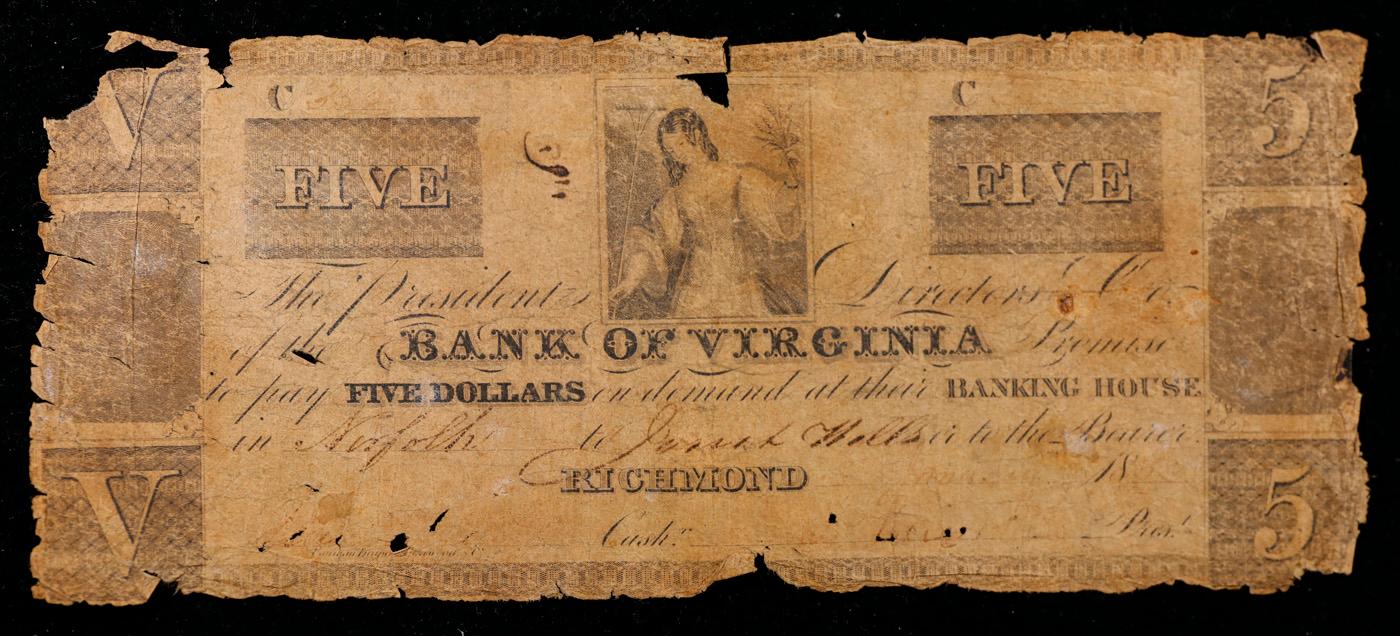 1853 Bank of Virginia 5 Dollars Obsolete Currency Banknote Grades vf details