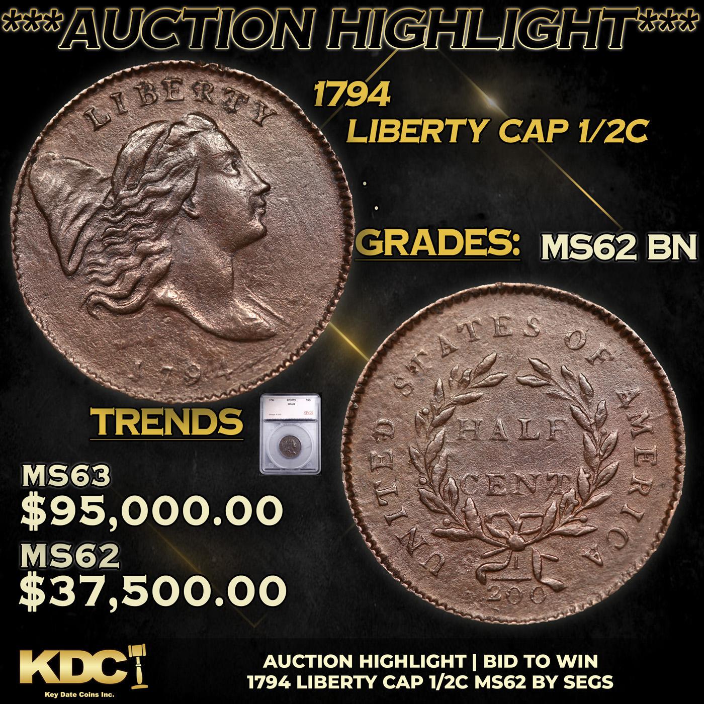 ***Auction Highlight*** 1794 Liberty Cap half cent 1/2c Graded ms62 By SEGS (fc)