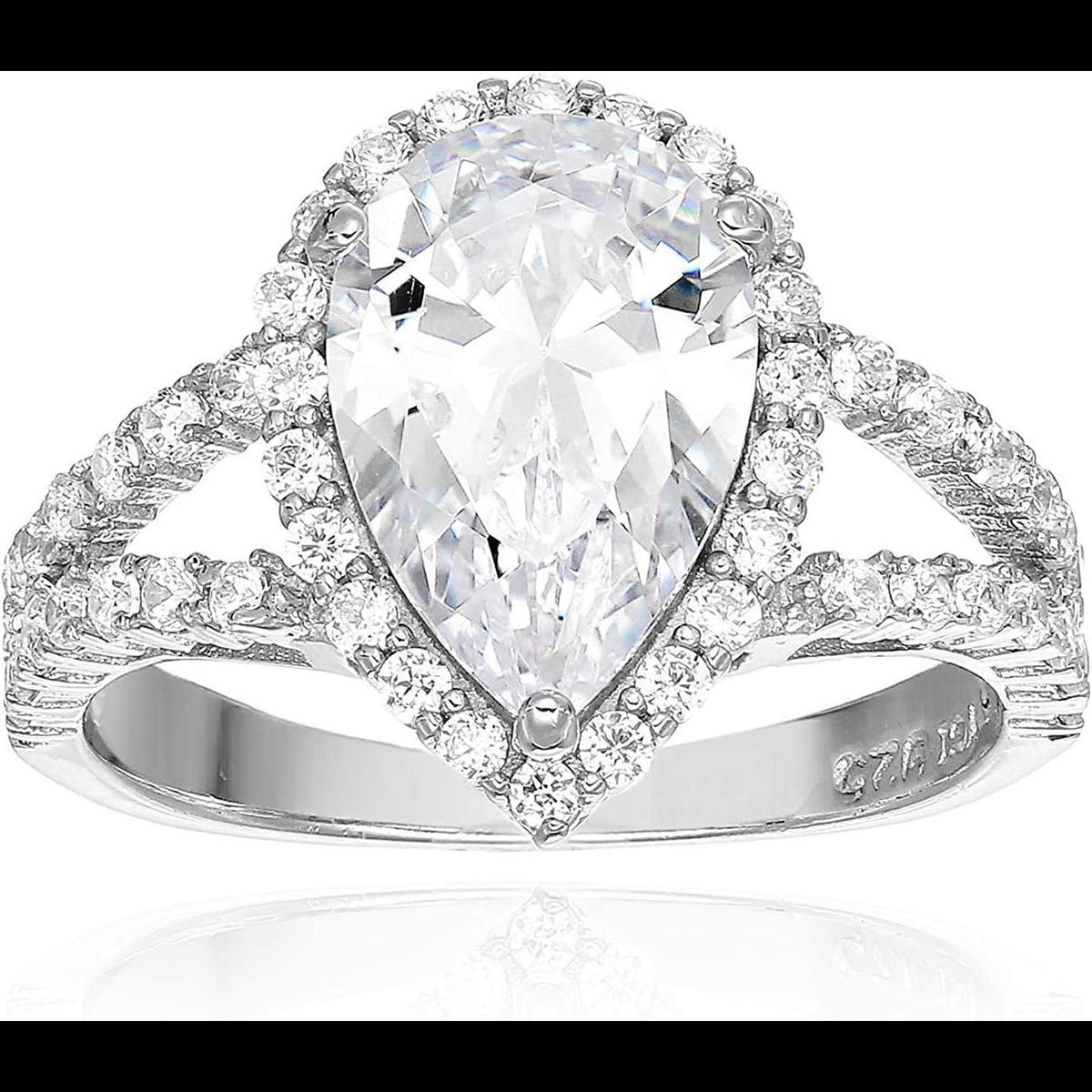 DECADENCE Sterling Silver mm Pear Cut Halo Split Shank Cubic Zirconia Engagement Ring size 9