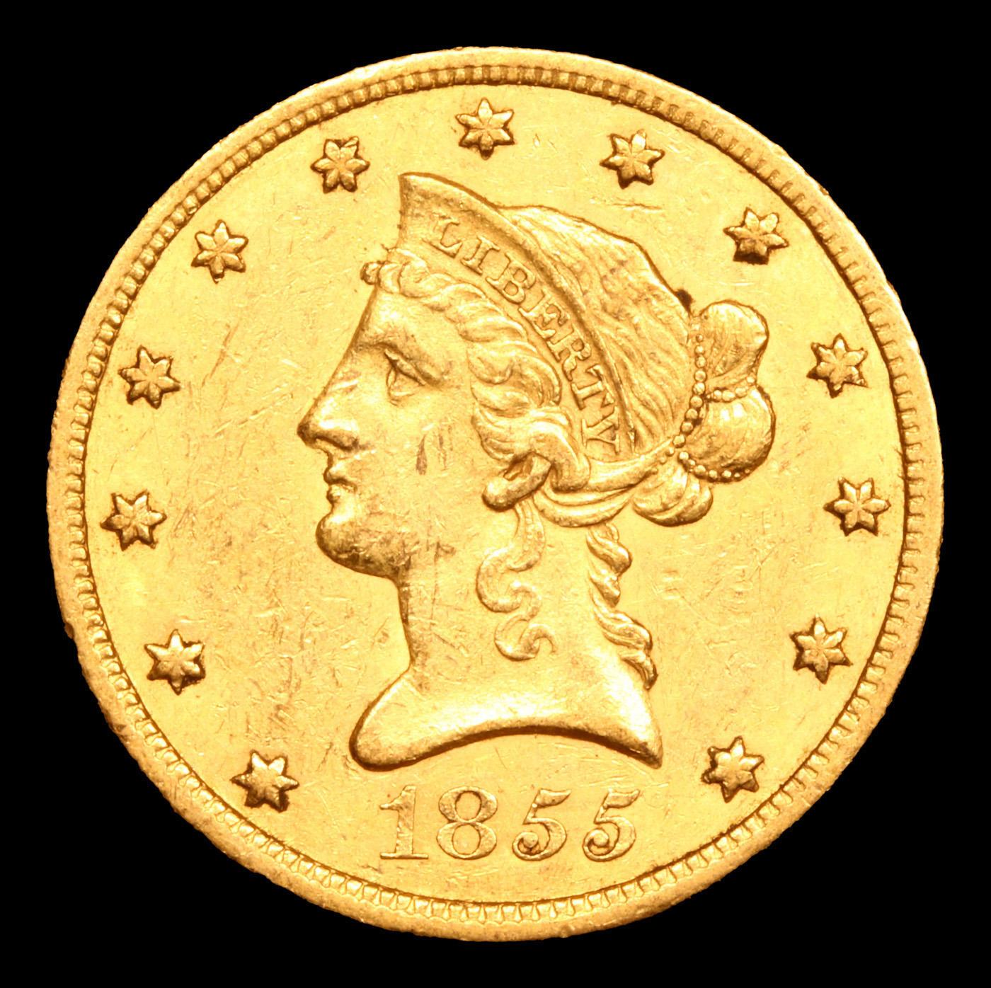 ***Auction Highlight*** 1855-p Gold Liberty Eagle 10 Graded ms62+ By SEGS (fc)