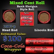 Lincoln Wheat Cent 1c Mixed Roll Orig Brandt Coca-Cola Wrapper, 1917-p end, Wheat other end